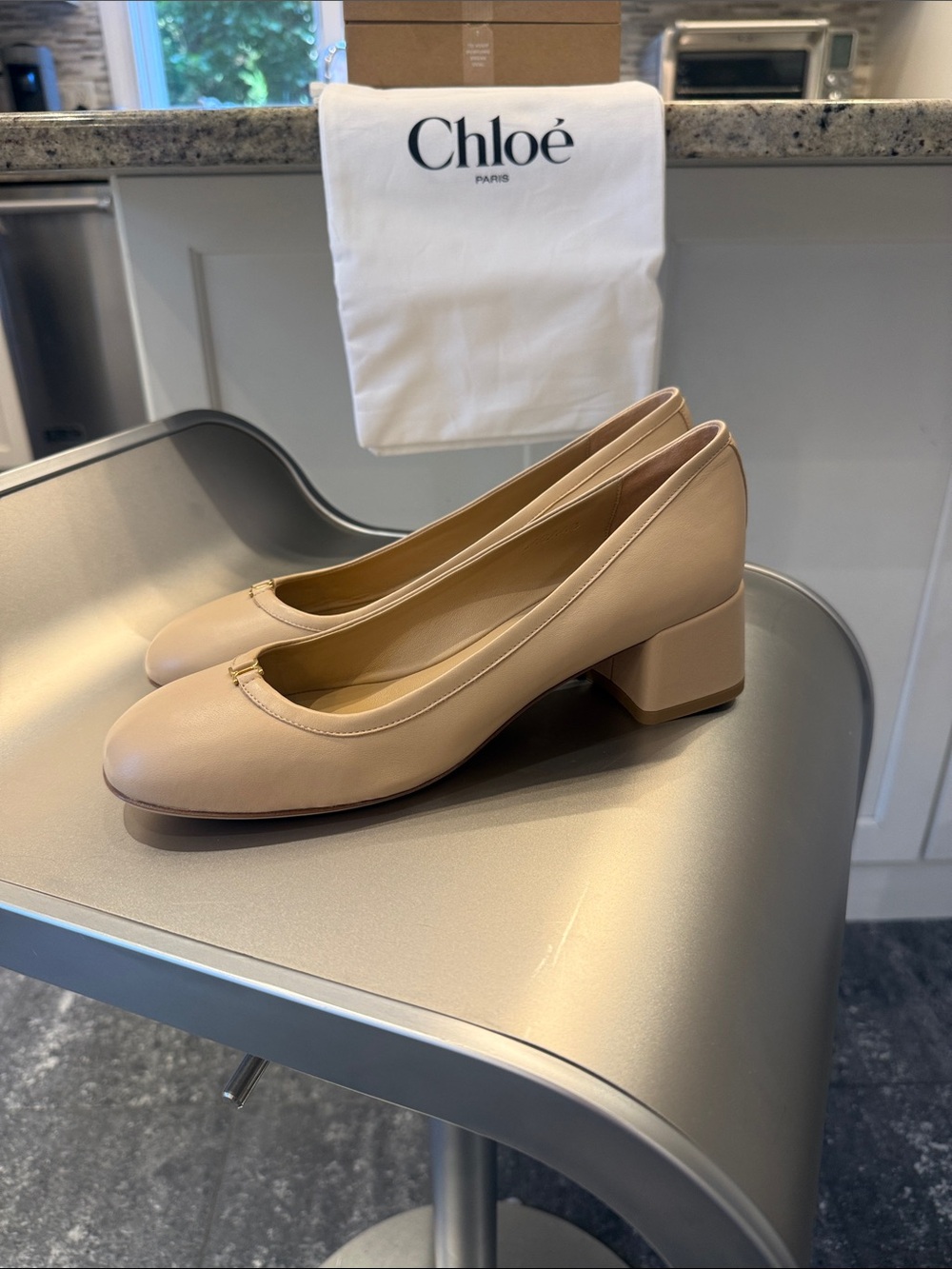 NOB Chloé Marcie embellished Beige Leather 1.75” Block Heel Pumps
